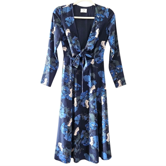 Aritzia Wilfred Aubagne Floral Blue Green Cut Out Midi Long Sleeve Dress Size 0. - Picture 5 of 16